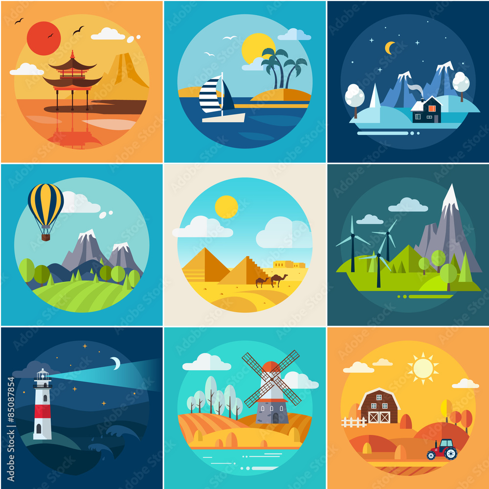 Naklejka premium Set of Different Landscapes in the Flat Style