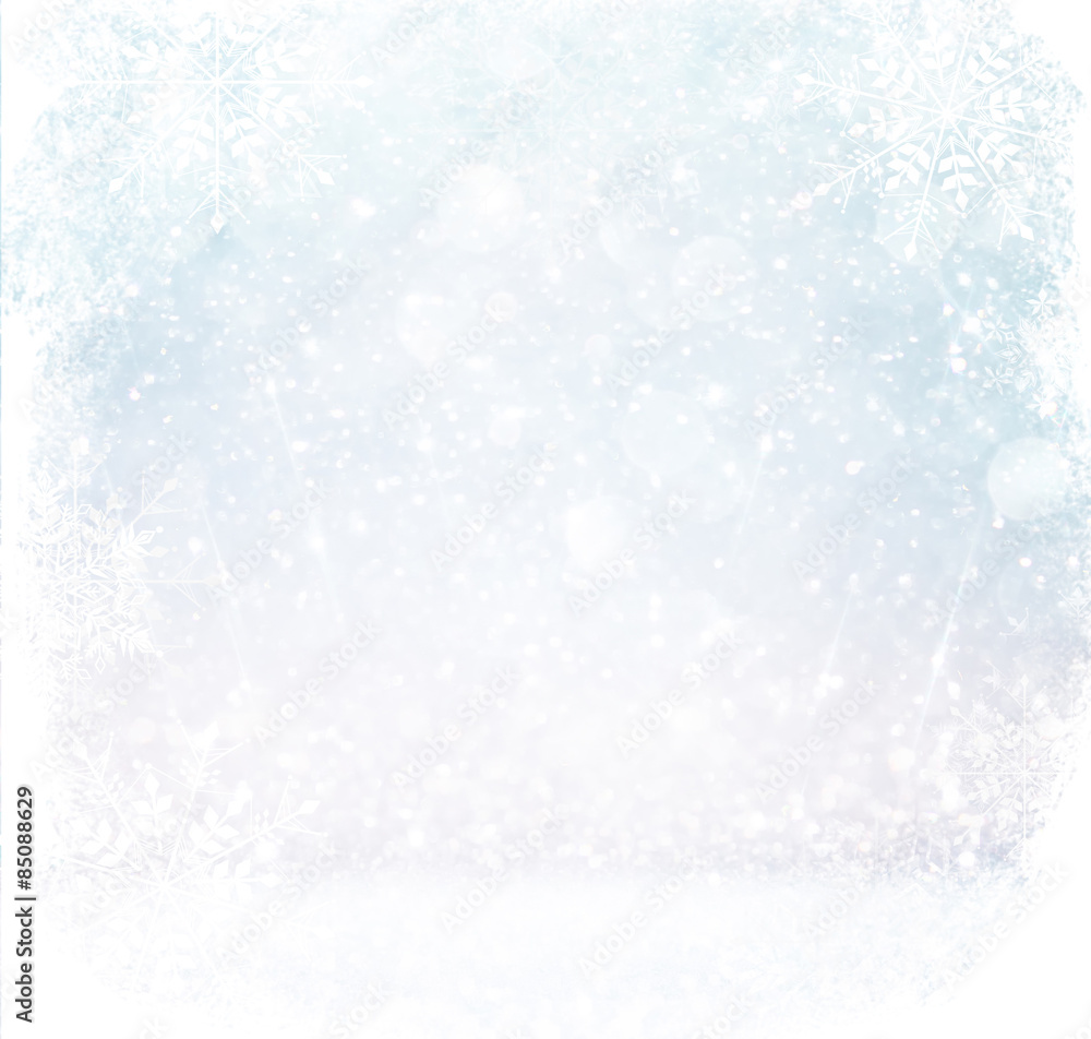 white and silver abstract bokeh lights. defocused background with snowflake overlay
white and silver abstract bokeh lights. defocused background with snowflake overlay