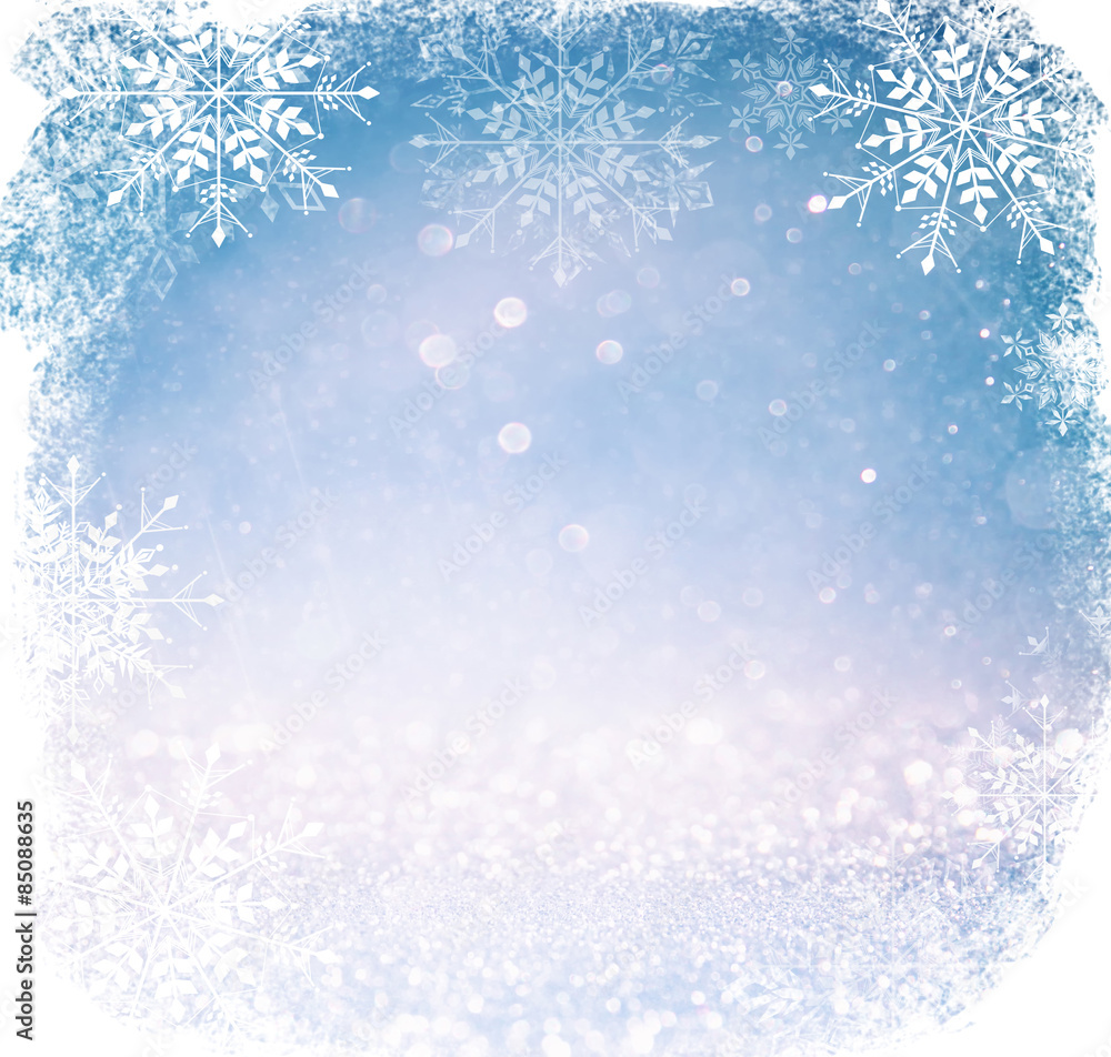 white and silver abstract bokeh lights. defocused background with snowflake overlay
white and silver abstract bokeh lights. defocused background with snowflake overlay