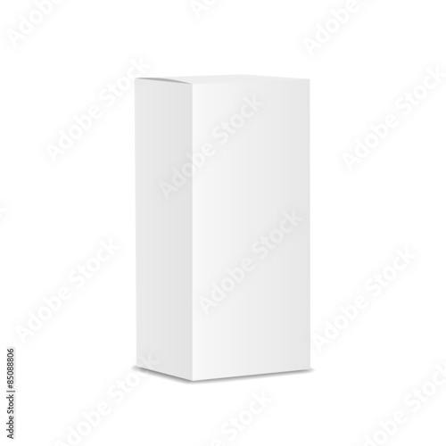 Blank vertical paper or cardboard box template standing on white