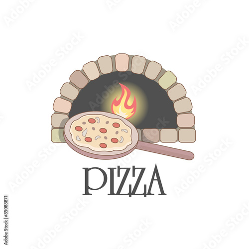 Logo with firewood oven and pizza.