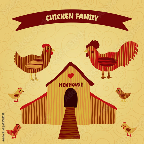 organic farm funny cartoon poster with family chicken: cock, hen with chickens, hen house. Hand drawn retro vector illustration