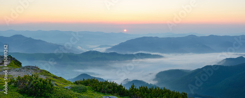 Morning fog in the Carpathian mountains