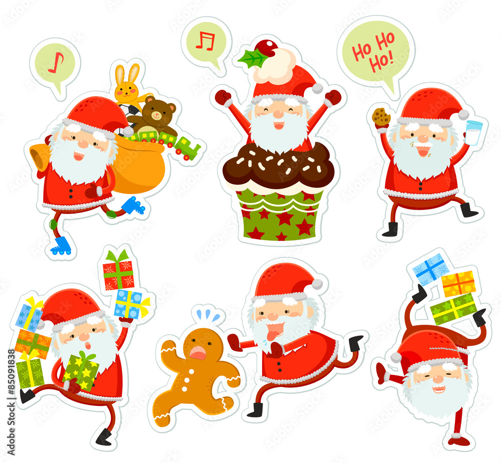 collection of funny cartoon Santa Clauses in different poses