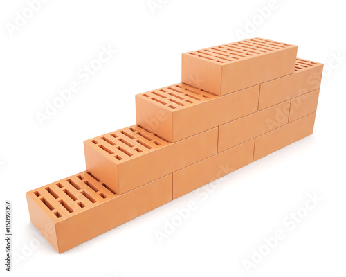 Building brick wall isolated on white background with shadows.