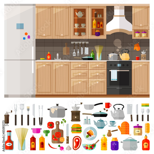 kitchen. set of elements - utensils, tools, food, kettle, pot