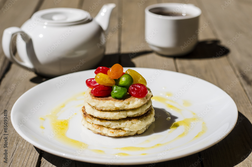 breakfast cheese cakes with dried berries and tea breakfast cheese cakes with dried berries and tea
