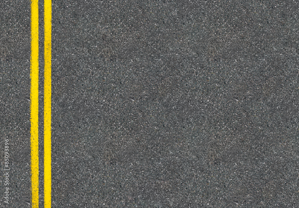 Asphalt road top view with two yellow lines - obrazy, fototapety, plakaty 