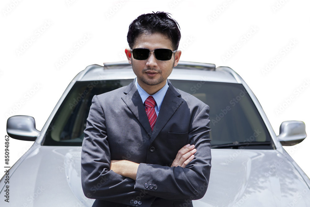 Entrepreneur and new car isolated
