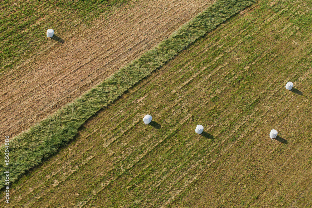 Obraz premium aerial view of hay bales on the field