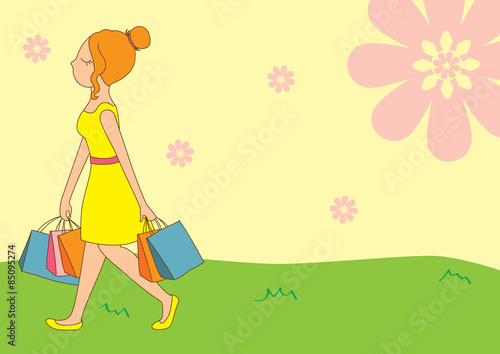 shopping girl with floral background