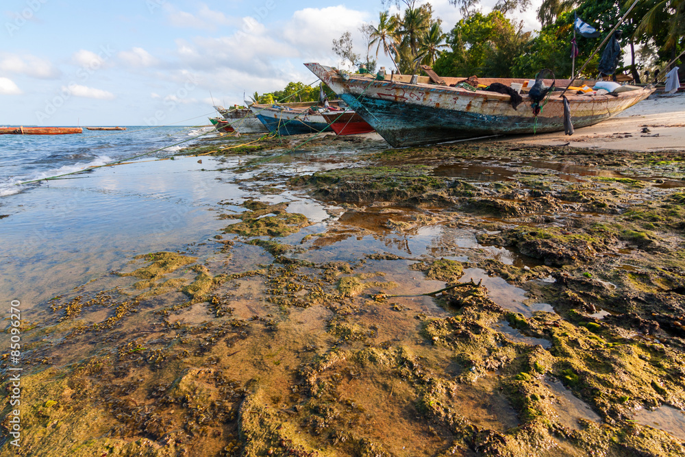 dhow traditional fishing and cargo vessel beached at low tide