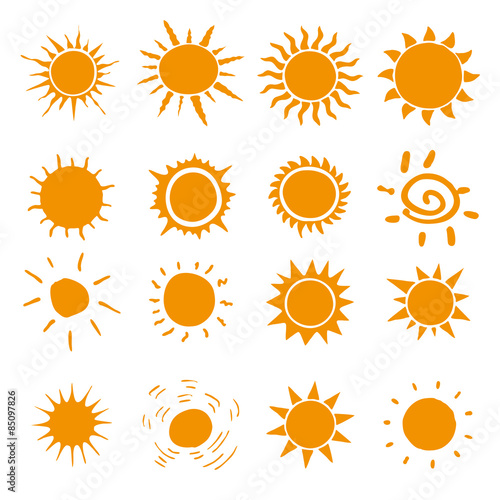 Hand drawn set of different suns isolated. Vector illustration. Elements for design