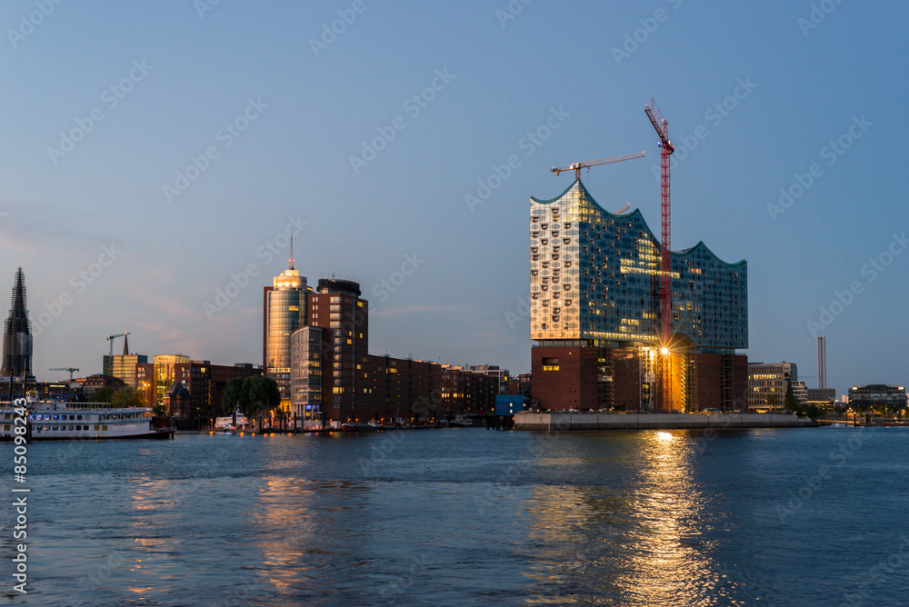 Night photograph from the office complex at the inner city island Kehrwieder and with the Elbe Philharmonic Hall as main attraction in Hamburg