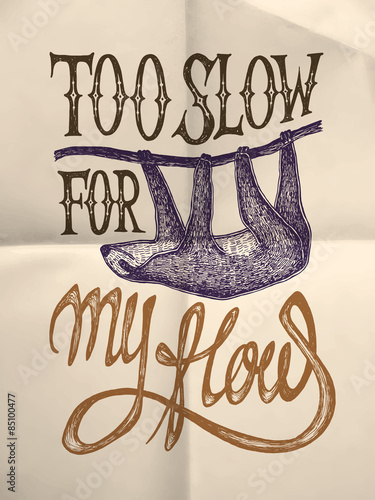 Illustration of a sloth with "Too slow for my flow" hand drawn quote, on paper textured background