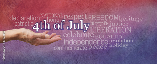 Commemorate 4th of July  word cloud - female with open palm  with the words '4th of July' floating above surrounded by a relevant words  on a wide red white and blue stone effect background