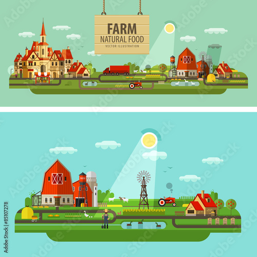 Farm and city. Set of elements - tractor, farmer, barn, truck