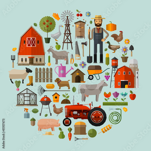farm in the village. A set of elements - house, barn, animals