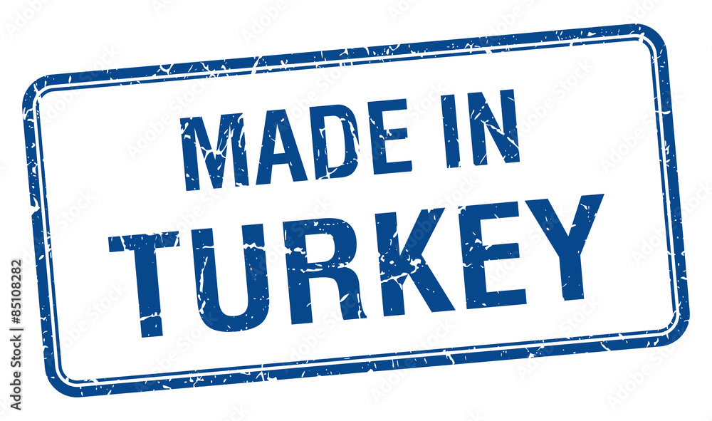 made in Turkey blue square isolated stamp