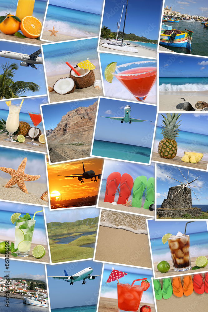 Obraz premium Hintergrund aus Fotos vom Urlaub mit Strand, Sonne, Sommer, Feri