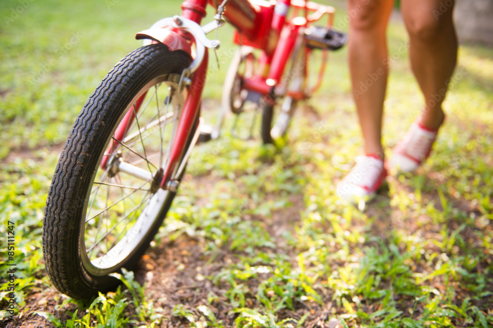 Fototapeta premium girl is holding bicycles in park