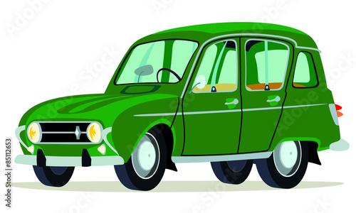Caricatura Renault 4 años setenta verde vista frontal y lateral