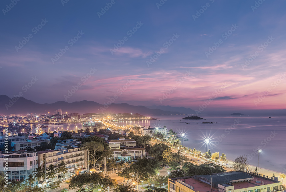 Vietnam, Nha Trang. 8 May 2015. Panorama. Night view of the city from roof.