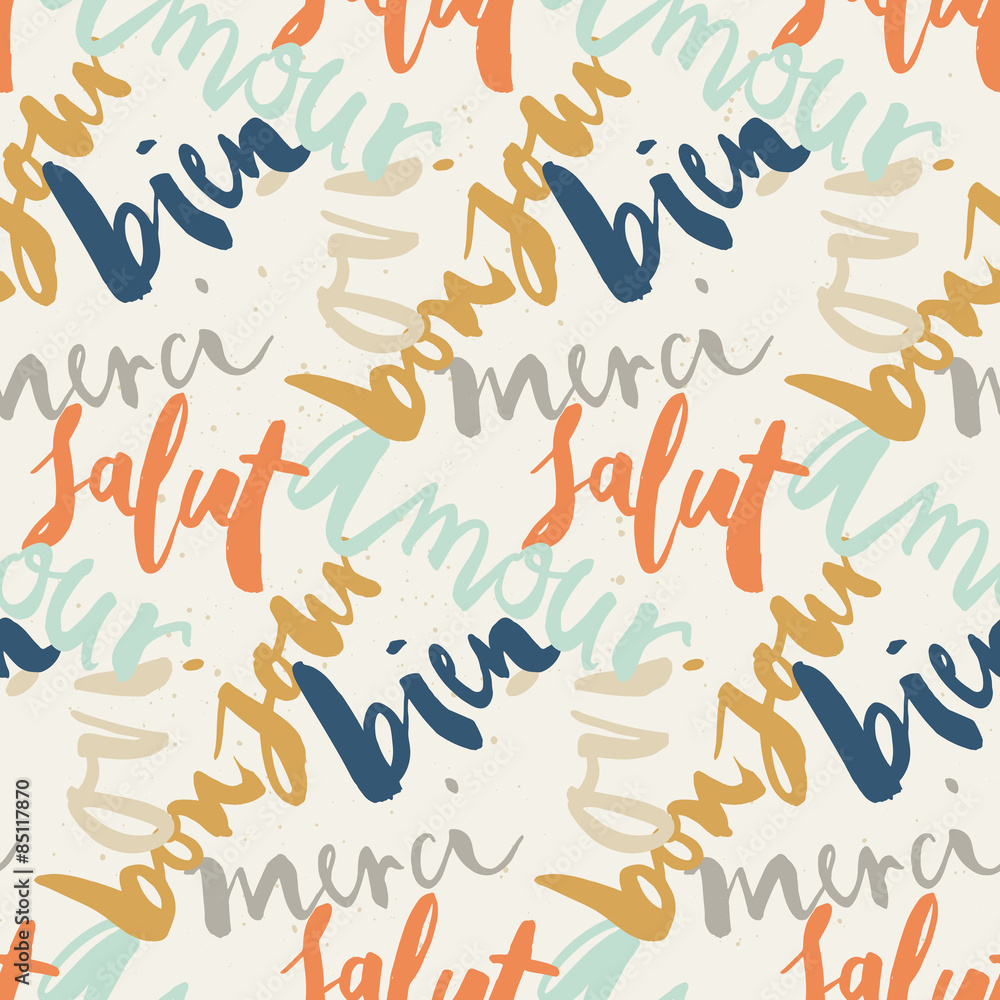 Seamless French inscriptions. Love, thank you, hello. A set of w Seamless French inscriptions. Love, thank you, hello. A set of w
