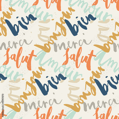 Seamless French inscriptions. Love, thank you, hello. A set of w