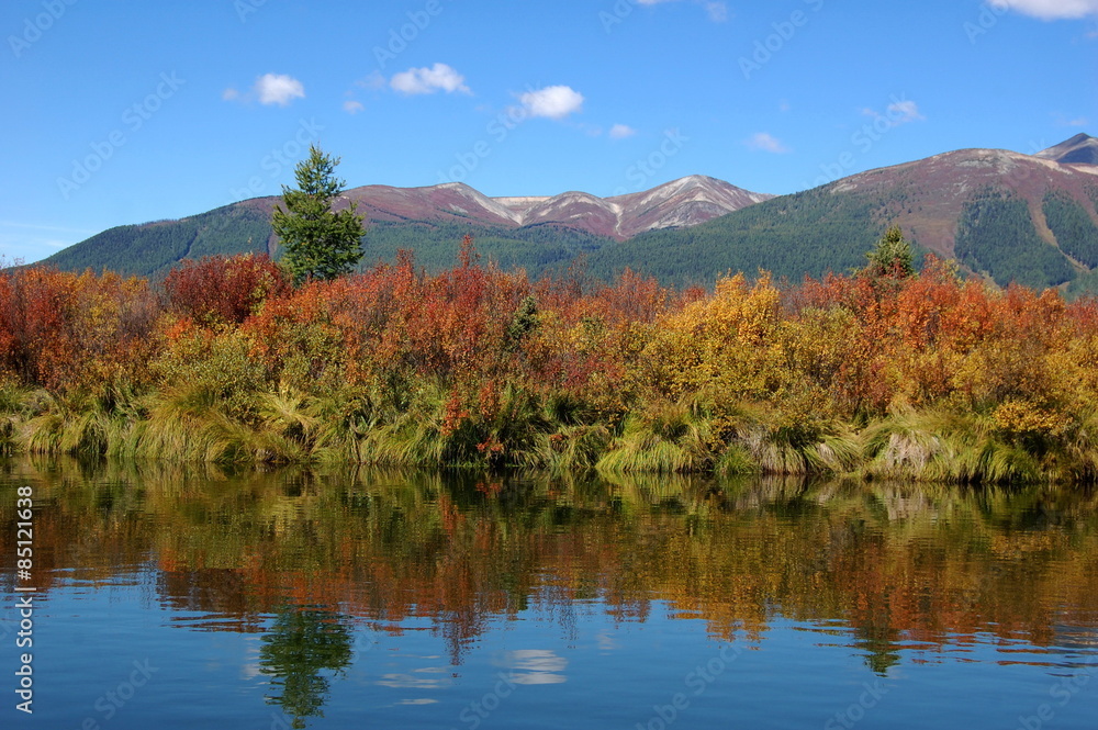 Colorful landscape of the mountain river.