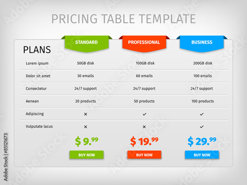 Colorful comparison pricing table template