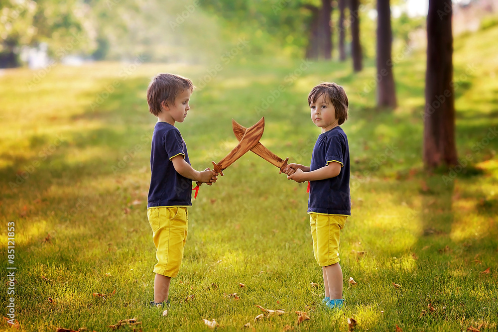Fototapeta premium Two little boys, holding swords, glaring with a mad face at each