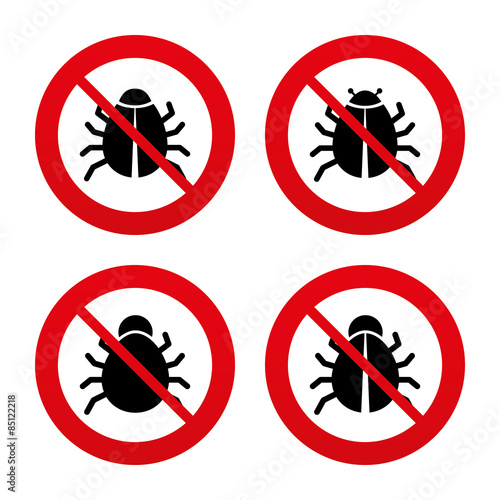 Bugs signs. Virus software error icons.