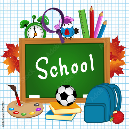 school supplies on sheet of paper - vector illustration, eps