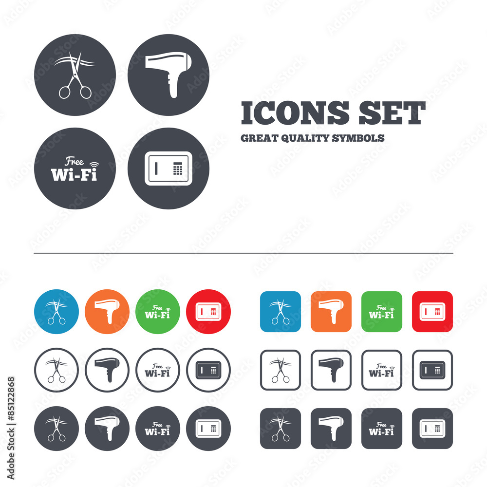 Hotel services icon. Wi-fi, Hairdryer and safe. Hotel services icon. Wi-fi, Hairdryer and safe.