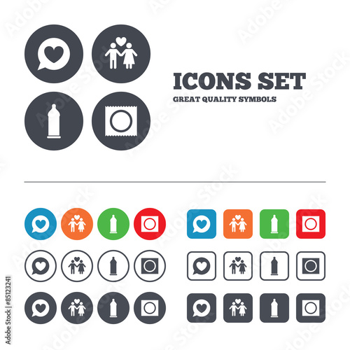 Condom safe sex icons. Lovers couple sign.