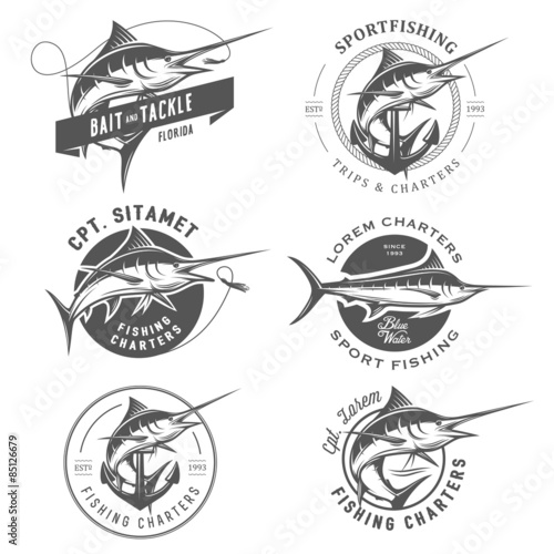 Set of marlin fishing emblems, badges and design elements