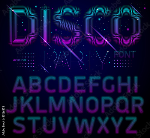Disco style alphabet, modern shiny letters. Best for use for posters, cards, party flyers and web design. Vector illustration