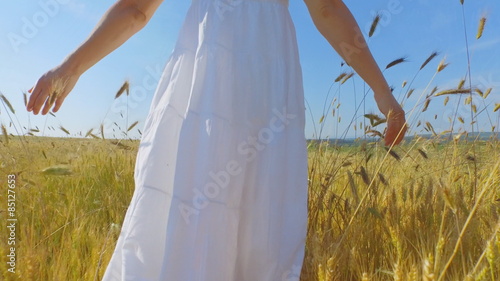 Beautiful young woman with a long white dress walking through long grass and gently touching the stems.