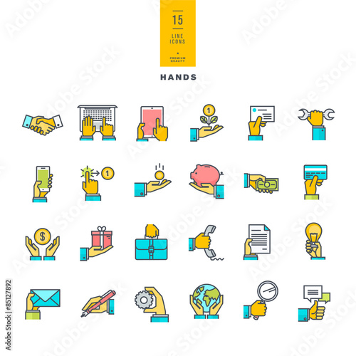 Set of line modern color icons of hand using a variety of products    