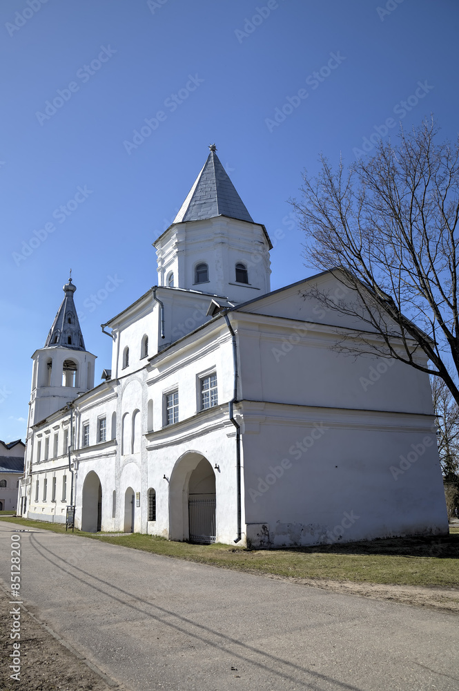 Belltower of St. Nicholas Cathedral and The Gate Tower of the Trading Mart. Veliky Novgorod, Russia