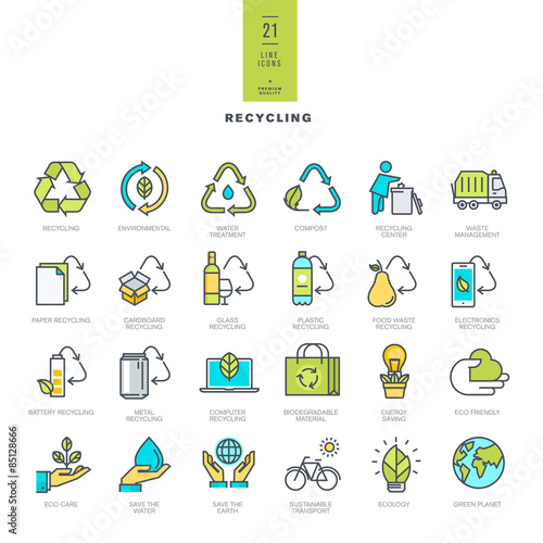 Set of line modern color icons for recycling    