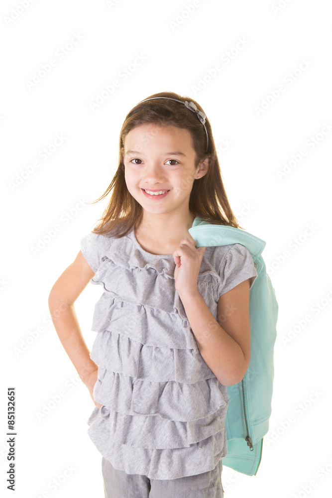 Portrait of a cute school aged little girl isolated on white Portrait of a cute school aged little girl isolated on white