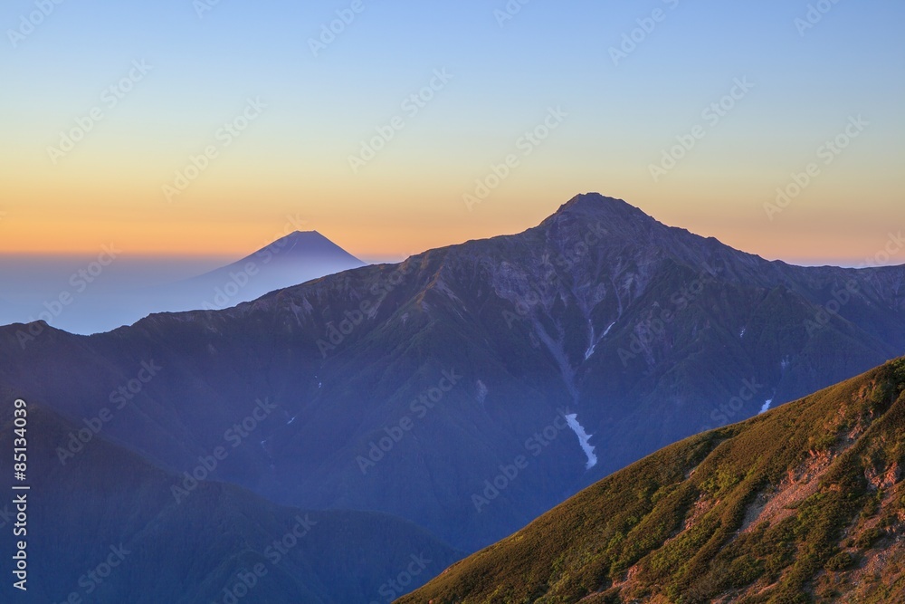 Dawn of Mt. Fuji and Mt. Kitadake