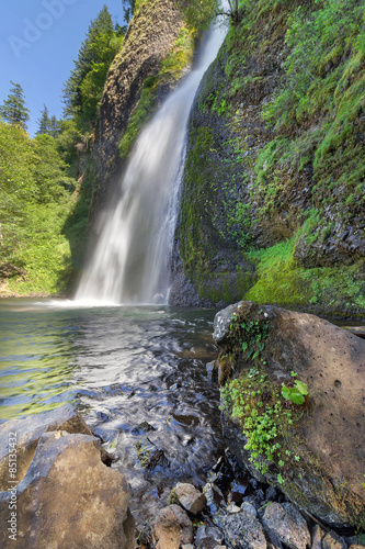 Horsetail Falls in Columbia River Gorge with Blue Sky