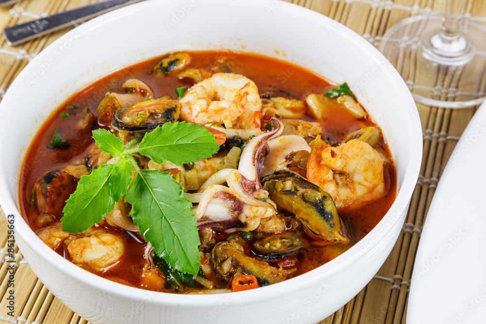 Fried seafood with holy basil leaf and chilli Fried seafood with holy basil leaf and chilli