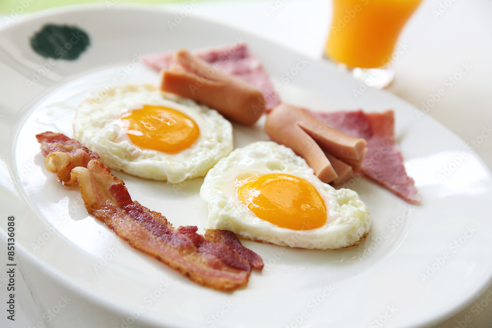 Breakfast with bacon , fried egg and orange juice Breakfast with bacon , fried egg and orange juice
