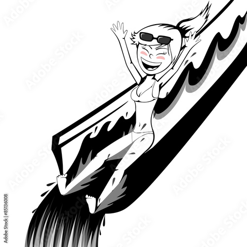 Black and white cartoon girl slides in aqua park