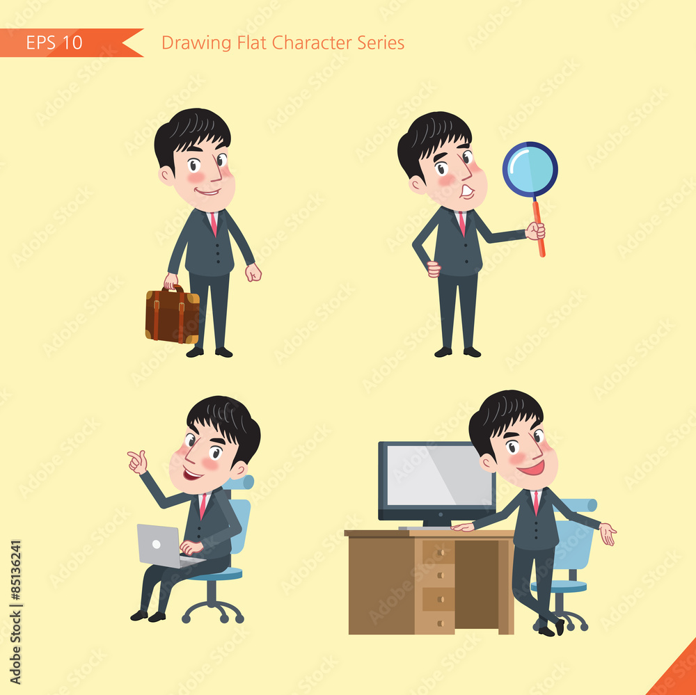 Set of drawing flat character style, business concept young office worker activities - businessman, research, office worker, counselling Set of drawing flat character style, business concept young office worker activities - businessman, research, office worker, counselling