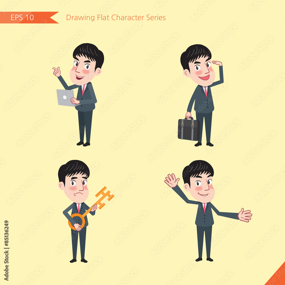 Fototapeta premium Set of drawing flat character style, business concept young office worker activities - introducing, greeting, masterkey, global business